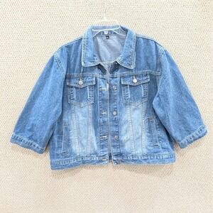 New Unilexi Cropped Denim Jacket Sz XL 3/4 Sleeve Distressed Boho Chic Layering